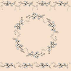 Set of two seamless horizontal ornaments and vintage openwork wreath.Openwork black and white handmade vector isolated drawing. 