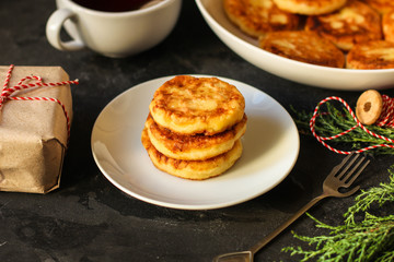pancakes with chocolate (syrniki). food background