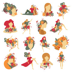 Fototapeta premium Girls Portraits Autumn Decorations Icons