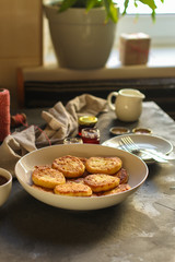 pancakes with chocolate (syrniki). food background