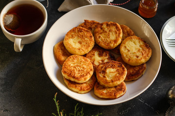 pancakes with chocolate (syrniki). food background