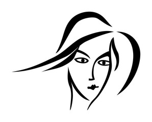 Stylized portrait of a woman in a hat. Black and white graphics. Minimalism, character drawing, logo, sign. Hand drawing. Vector graphics.