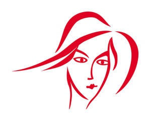 Stylized portrait of a woman in a hat. Red and white graphics. Minimalism, character drawing, logo, sign. Hand drawing. Vector graphics.