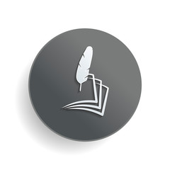 feather and paper. simple silhouette. White paper symbol on gray round button with shadow