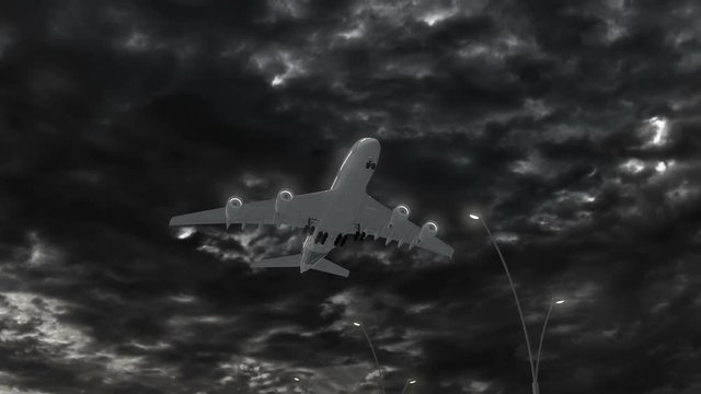 Tristan da Cunha, approach of the aircraft to land at night in cloudy weather, flying over the name of the country and its flag