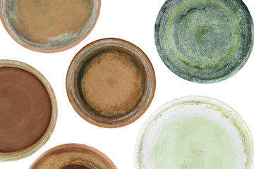 Background surface of various colors and dirty clay plates for plants and isolated on white background