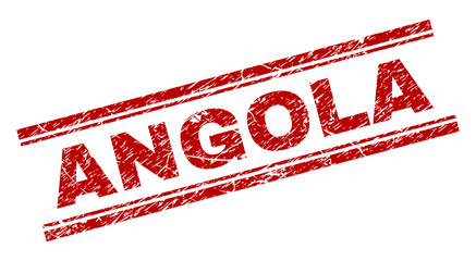 ANGOLA seal print with corroded texture. Red vector rubber print of ANGOLA title with scratched texture. Text label is placed between double parallel lines.