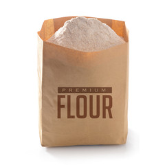 Whole flour in paper bag isolated on white background