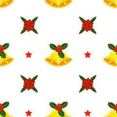 Holly berry, serpentine and gold jingle bells seamless pattern