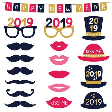 New Year party photo booth props (hats, eyeglasses, lips, mustaches)