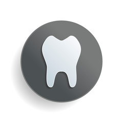 tooth. simple icon. White paper symbol on gray round button with shadow