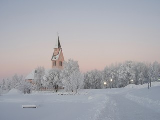Fototapeta na wymiar church in Arjeplog in Christmas time