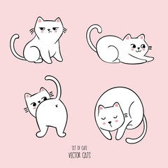 Vector illustration of four cats in different poses, set of cartoon white cats isolated on pink background