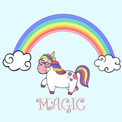 Vector illustration of cute rainbow and cartoon walking unicorn with heart shaped sunglasses , drawn with a tablet, lettering magic, handwritten, sketch imitation, fairy tale character