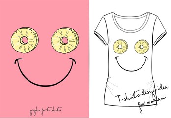 Vector t-shirt of positive smiley with  slice of pineapple, cartoon fruit eyes, tropical summer card, fashion print for t shirt, happy face isolated on empty green background, drawn with a tablet