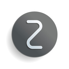 Number two, numeral, simple letter. White paper symbol on gray round button or badge with shadow