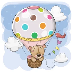 Rolgordijnen Dieren in luchtballon Schattige teddybeer vliegt op een heteluchtballon