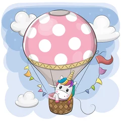 Fotobehang Dieren in luchtballon Schattige Eenhoorn vliegt op een heteluchtballon