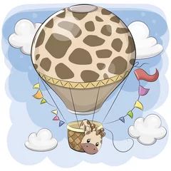 Rolgordijnen Dieren in luchtballon Schattige giraf vliegt op een heteluchtballon