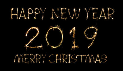 Happy New Year 2019 merry christmas text handmade written sparkles fireworks