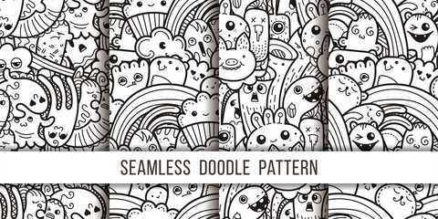 Collection of funny doodle monsters seamless pattern for prints, designs and coloring books