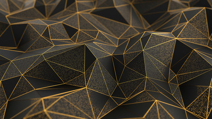 Abstract low-poly black background with golden lines
