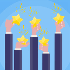 Flat vectorr rating gold stars in businessman hands