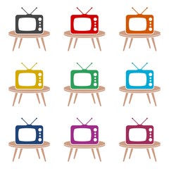 Old Television On Wood Table icon or logo, color set
