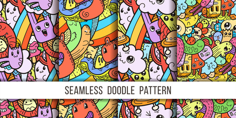 Collection of funny doodle monsters seamless pattern for prints, designs and coloring books