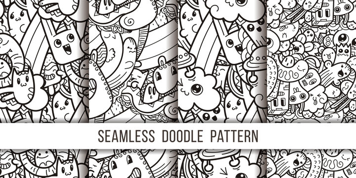 Collection of funny doodle monsters seamless pattern for prints, designs and coloring books