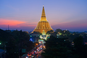 Nakhon Pathom, Thailand -November 26, 2018: Golden Pagoda Phra Pathom Chedi decorated with fire. In the worship of Phra Pathom Chedi. Of Nakhon Pathom Province in Thailand.