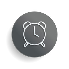 old alarm clock, simple icon, linear symbol with thin outline. White paper symbol on gray round button or badge with shadow
