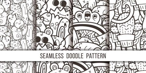 Collection of funny doodle monsters seamless pattern for prints, designs and coloring books