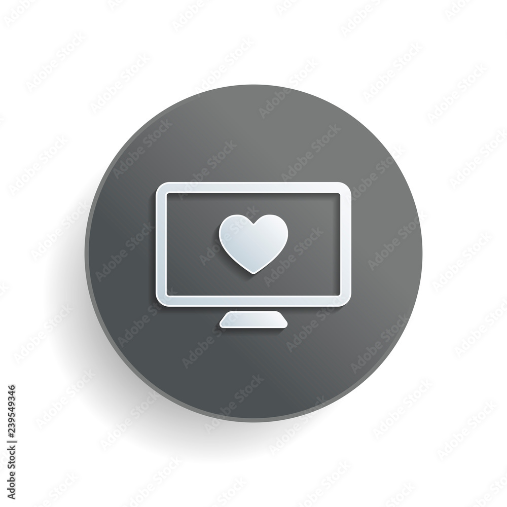 Poster computer and heard. simple icon. white paper symbol on gray round button or badge with shadow