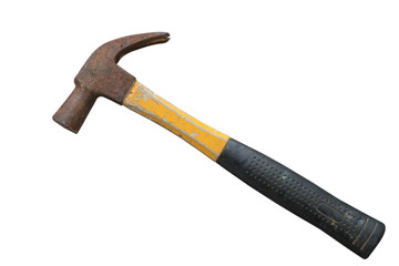 Old rusted yellow hammer on isolate white background with clipping path.