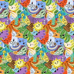 Naklejka premium Funny doodle monsters on seamless pattern for prints, designs and coloring books