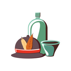 hunter hat with bottle of glass and cup