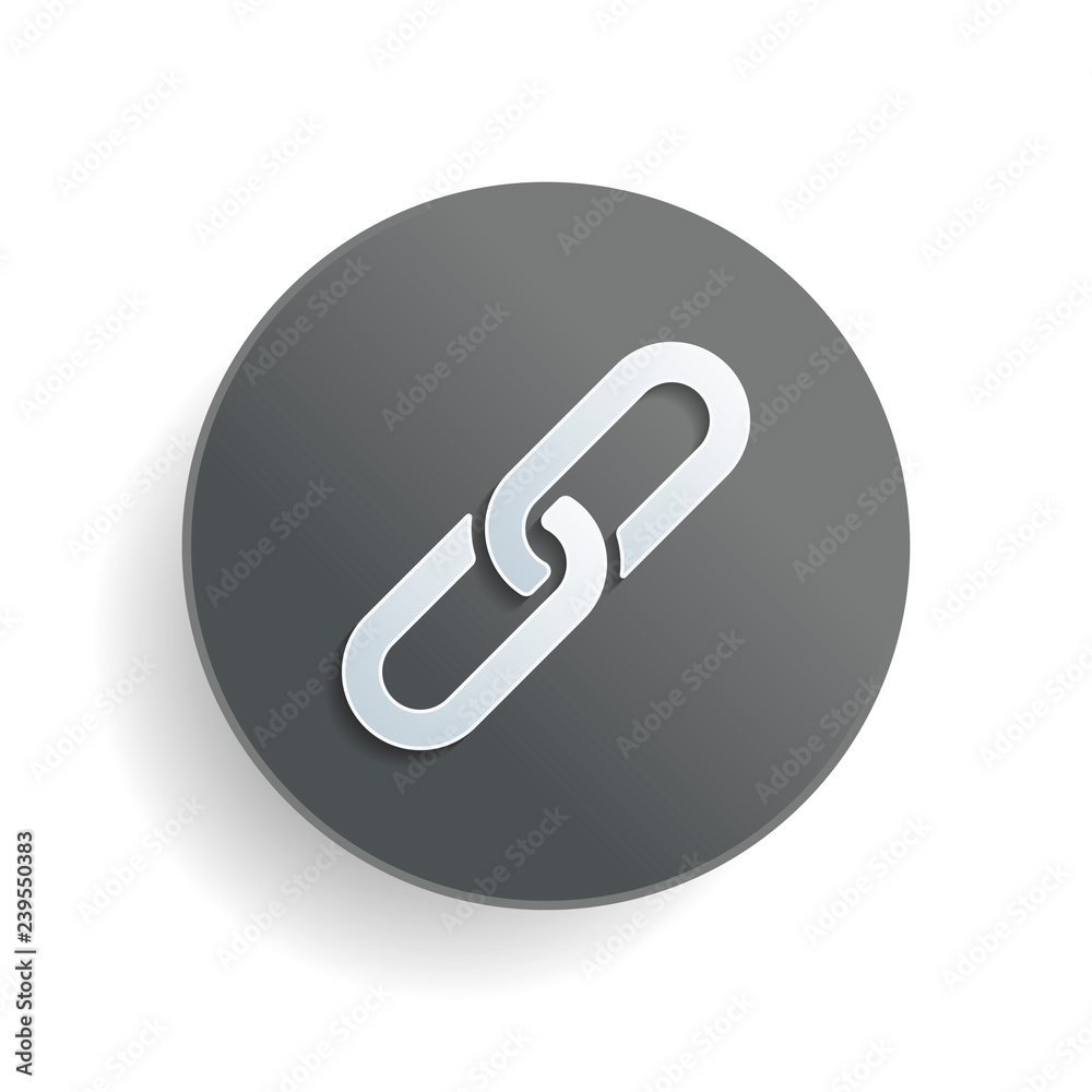 Poster link icon. hyperlink chain symbol. simple icon. white paper symbol on gray round button or badge wit
