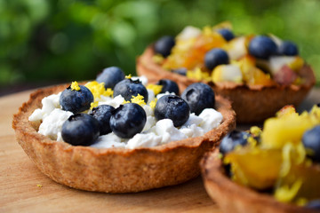 Delicious mini tarts with fresh blueberries, sweet curd cheese and lemon zest.  Rye flour pastry. Low calories baking. Selective focus. Outdoor background.