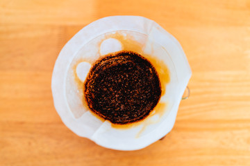Brewing coffee and coffee grounds in a coffee filter