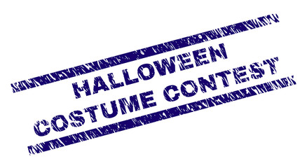 HALLOWEEN COSTUME CONTEST seal print with grunge style. Blue vector rubber print of HALLOWEEN COSTUME CONTEST title with grunge texture. Text title is placed between parallel lines.