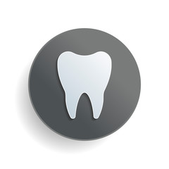 Silhouette of tooth. Simple icon. White paper symbol on gray round button or badge with shadow
