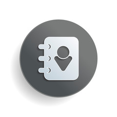 address book with man symbol on cover. White paper symbol on gray round button or badge with shadow