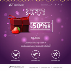 Purple website template with Valentine's Day design with gift and strawberry