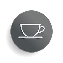 Simple cup of coffee or tea. Linear icon, thin outline. White paper symbol on gray round button or badge with shadow