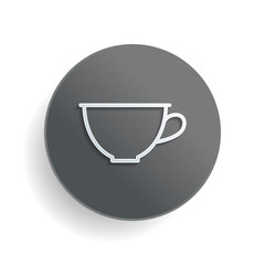 Simple cup of coffee or tea. Linear icon, thin outline. White paper symbol on gray round button or badge with shadow