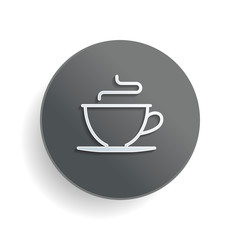 Simple cup of coffee or tea. Linear icon, thin outline. White paper symbol on gray round button or badge with shadow