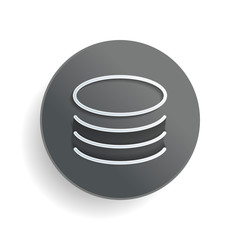Database icon. Simple linear symbol, thin outline. White paper symbol on gray round button or badge with shadow