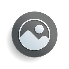 Simple picture icon. White paper symbol on gray round button or badge with shadow