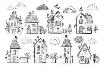 Cute doodle houses on white background. Cute doodle houses on brown parcel paper background. Vector illustration